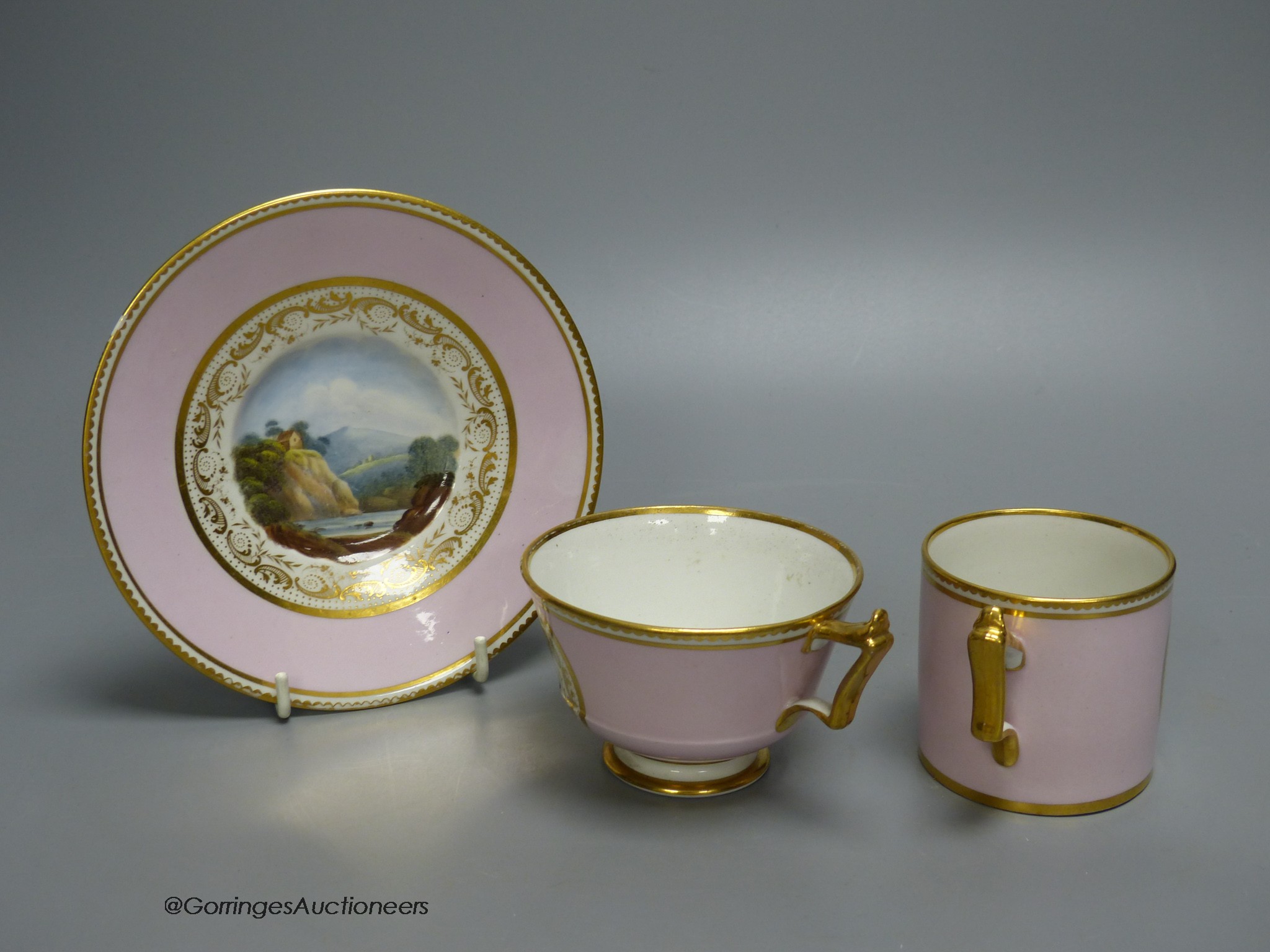 A finest quality Barr Flight and Barr coffee can, teacup and saucer painted with named scenes surrounded by a pink ground, saucer 15cm diameter